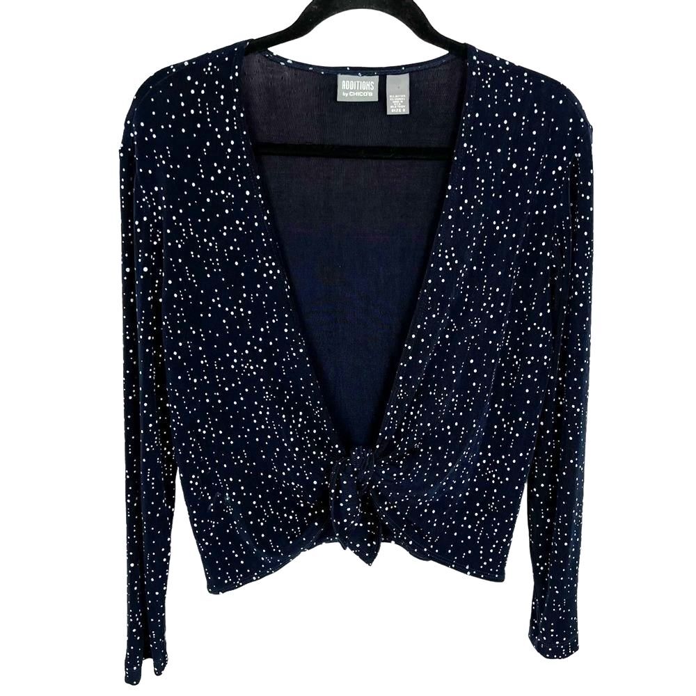Chico’s 0 Additions Navy Polka Dot Long Sleeve Tie Front Crop Top Women’s Small